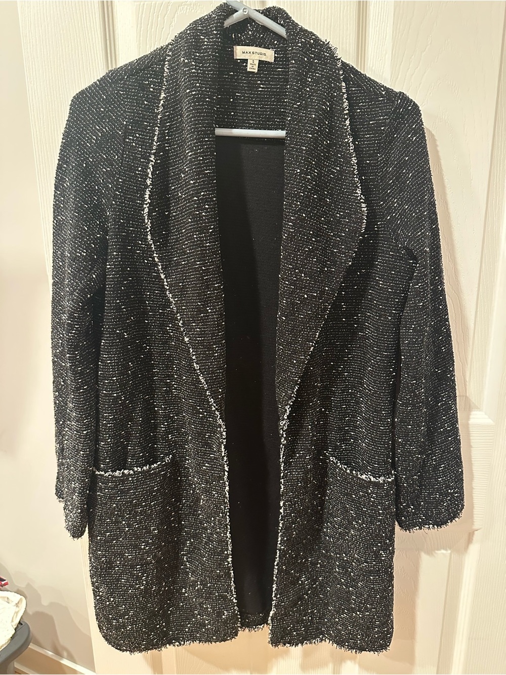 Max Studio Black Tweed Open-Front Coatigan with Metallic Detail